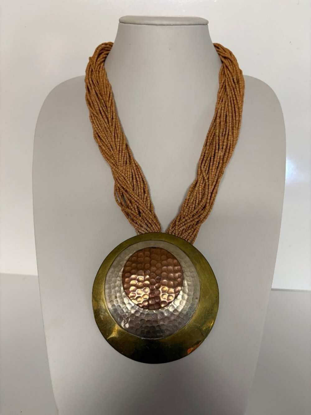 Multistrand Beaded Necklace Large Hammered Bronze Silver Gold Tone Pendant